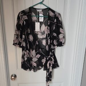 Iselle Elegant Black and Pink Wrap Blouse